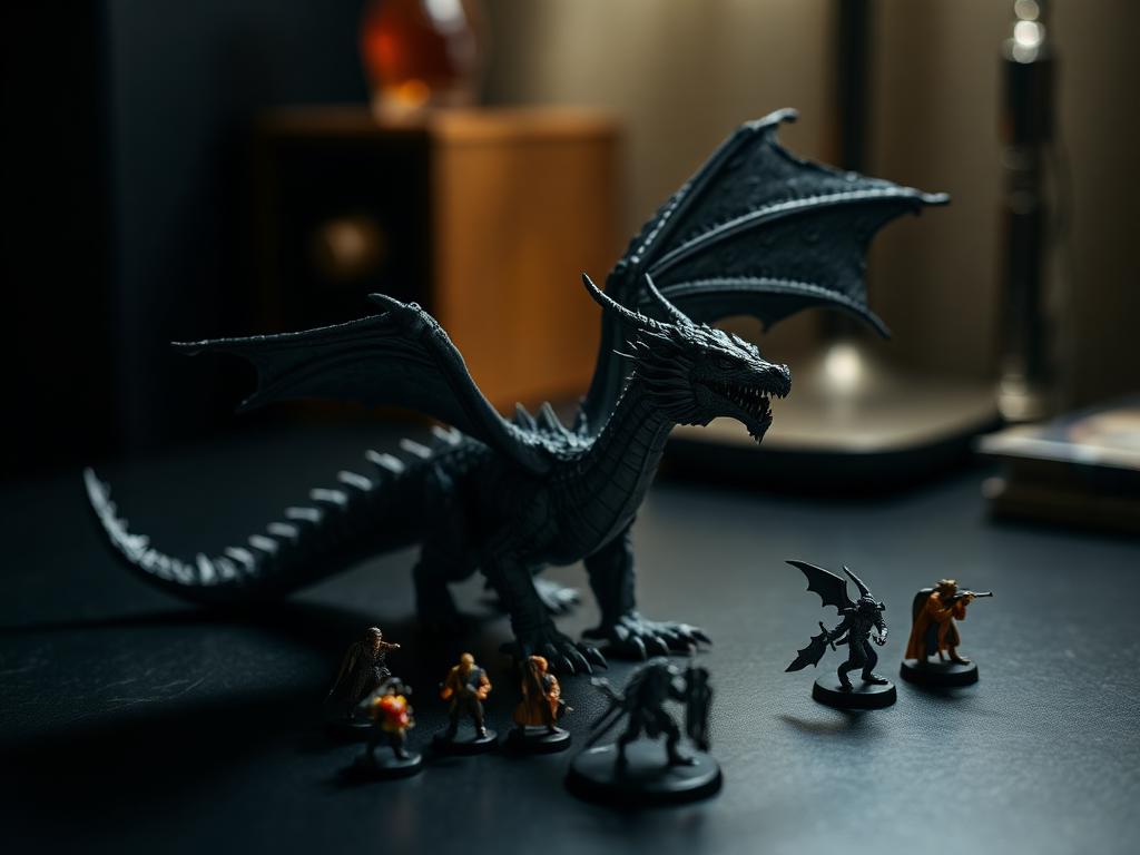 Figura de dragón impresa en 3D junto a varias miniaturas sobre una mesa oscura