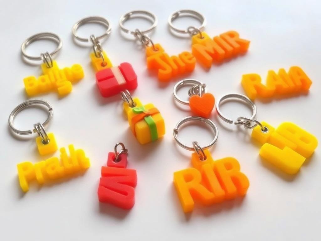 Llaveros personalizados con nombres impresos en 3D en amarillo y naranja