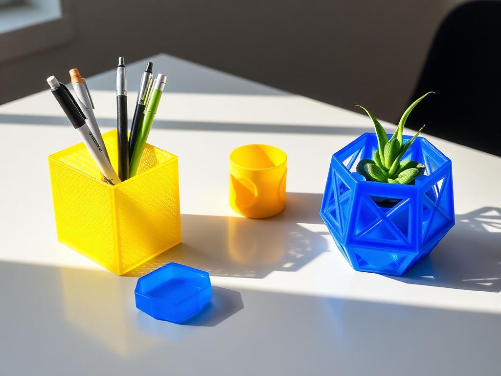 Portalápices y maceta geométrica impresos en 3D en amarillo y azul sobre una mesa clara