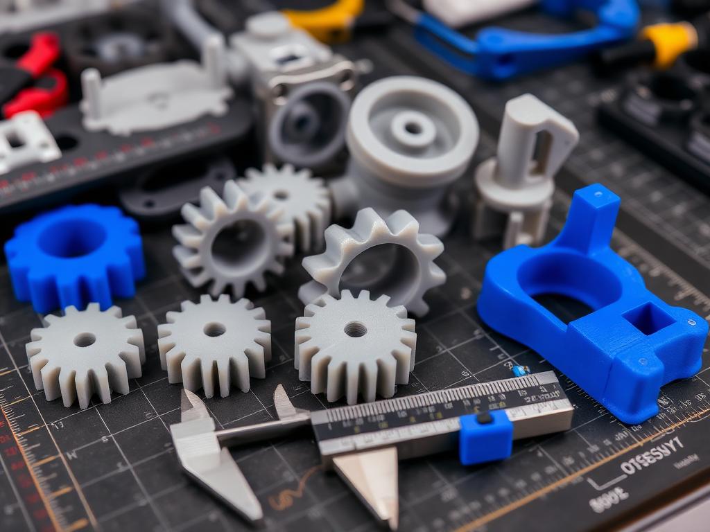 Engranajes y soportes técnicos impresos en 3D junto a un calibre sobre una mesa de trabajo
