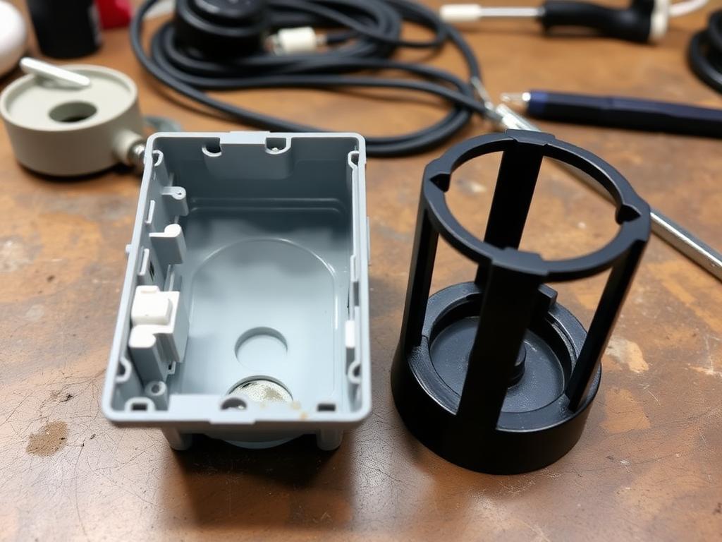 Pieza de plástico rota junto a su recambio impreso en 3D en PETG negro sobre un banco de trabajo