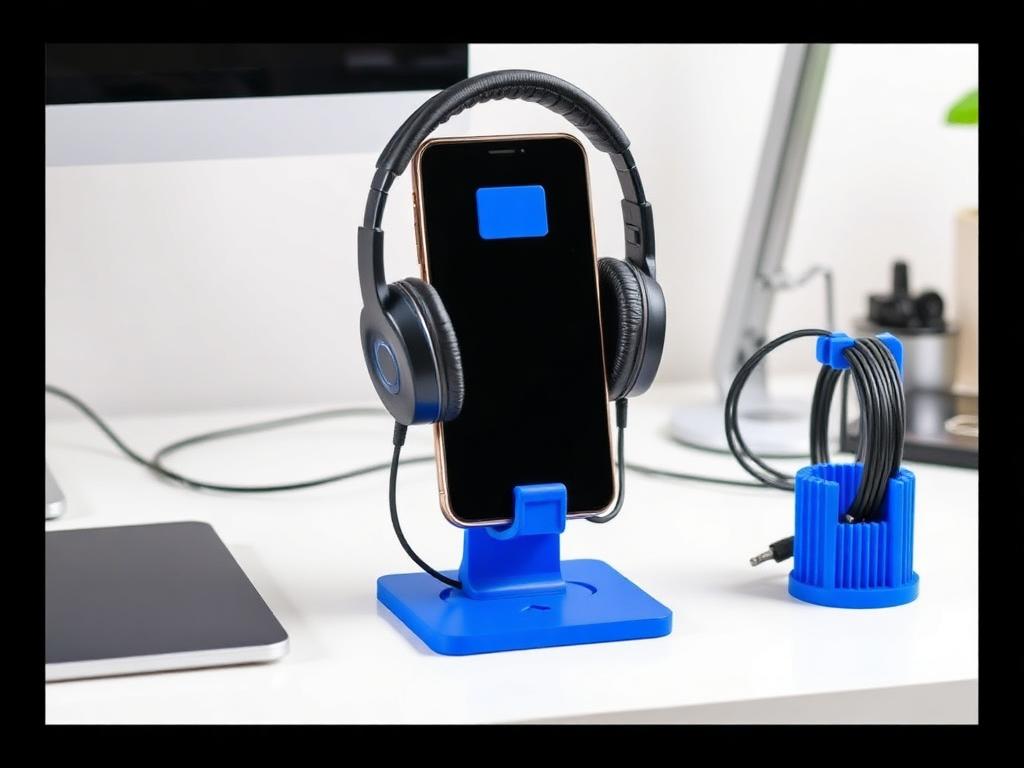 Soporte de móvil y organizador de cables impresos en 3D en azul sobre un escritorio blanco