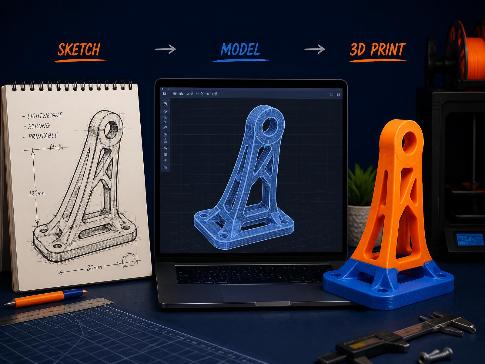 Boceto, modelo digital y pieza final impresa en 3D en naranja y azul